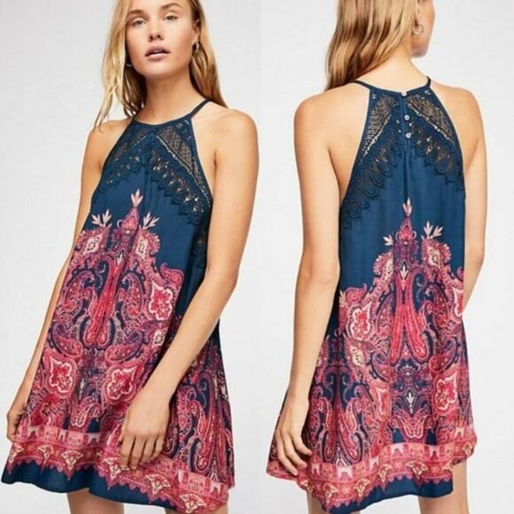 Free People Shea Printed Mini Dress Blue And Pink Size XS - Picture 1 of 11